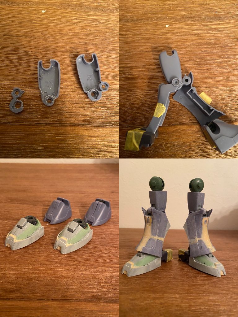 おそらく一番の山場だった脚部の工作。腿の付け根はギラズールの肩パーツを使用してロール軸を追加。腿のスネ接続を切り離し独立可動させることで膝可動と変形を両立。スネは上下左右にクサビを入れ反った形状に。ふくらはぎ側の輪郭も変えました。足首はザクF2のものをプラ板で加工して設定に近い形に変更。関節部分はそのままなのでBJ接続となり可動の自由度が向上しています。