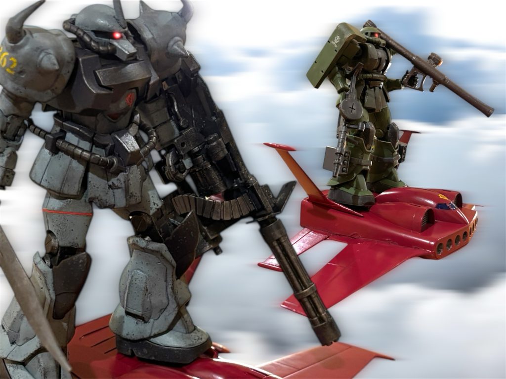 MSを搭載したドダイで取れる、限界の高度で、目標地点に向かう。アーサー・クレイグ大尉の視界の左を、オスカー軍曹のザクを乗せたがドダイが、速度を上げて通過していく。(死に番は、わたしが。)アーサーは、出撃前のオスカーとのやり取りを思い出していた。 索敵の結果から、敵の戦力はMS2機に、戦車が3輌か4輌。例のソナーを積んだ指揮車と歩兵隊もいる、機械化混成隊のようだ。 MSの足音を聞き分けるソナーに捕まらないよう、ドダイで空から奇襲をかけるが、戦車とガンダムの対空防御能力が気がかりだ。オスカーの言う“死に番”とは、1機で突出して奇襲をかけ、敵の対空砲火を一手に引き受けるということだ。(ついでに歩兵の蟻どもも蹴散らしましょう。対MS砲をちまちま撃ち込まれるのも癪でしょう。)敵の攻撃がオスカーに集中している間に、第2撃でアーサーとマイロでMSを撃破するという算段だ。会敵直後の一撃で、ほとんど片がつくだろう。(