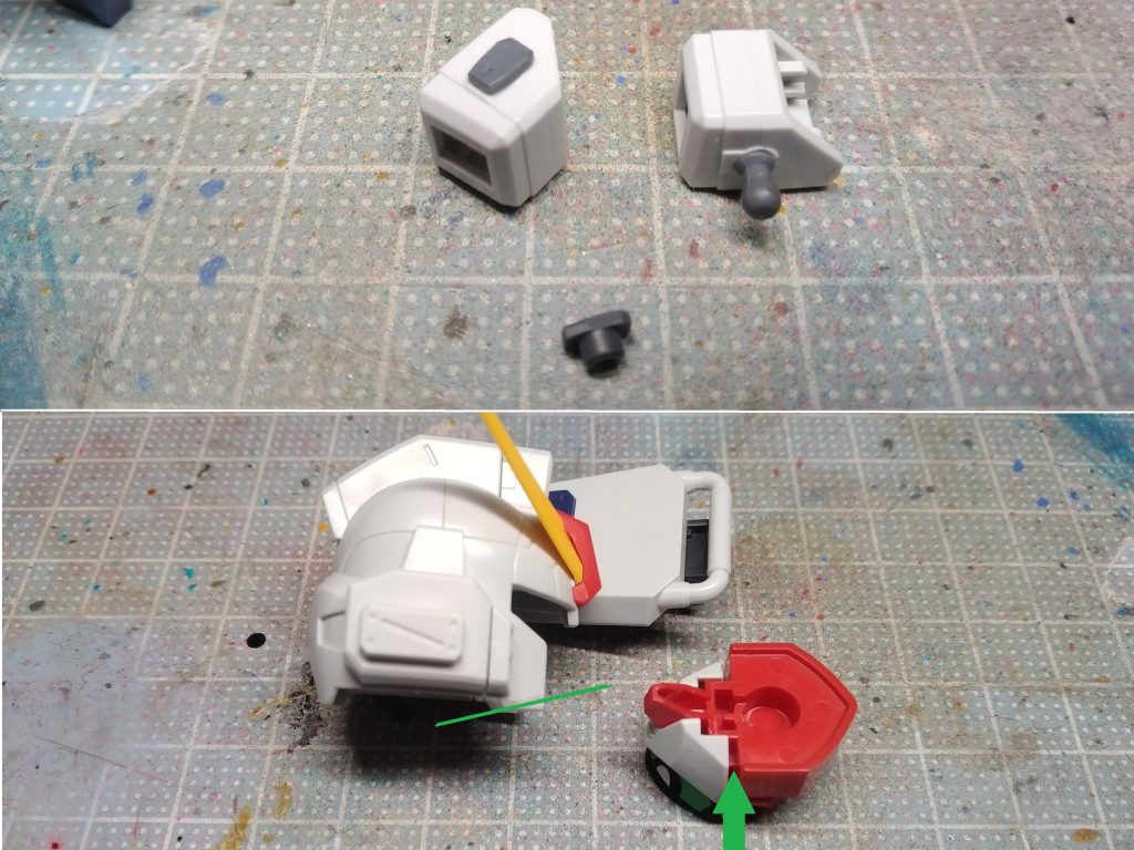 腕の3ミリピンはカットして30MMのオプションパーツとボールデンの3ミリボールを仕込みました。顔はヘルメットの頬当てを斜め上方向に少しだけカットして、マスクは1ミリほど浅めに固定し、更に顎も少し短くしました。G3ガンダムの時とまったく同じ処理をして好みの顔に弄ってます(gandam-hand2)-kao6