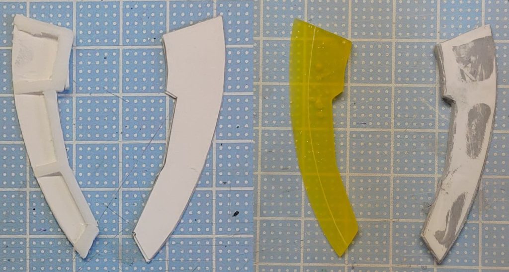 ブレード部分はプラ板にプラ棒でリブをつけて断面を楔形にしています。せっかくだから、これを原型にレジンでクリア化してみました。ヒートホークなので本当はクリアなのは変なのですが、カッコイイからヨシ!