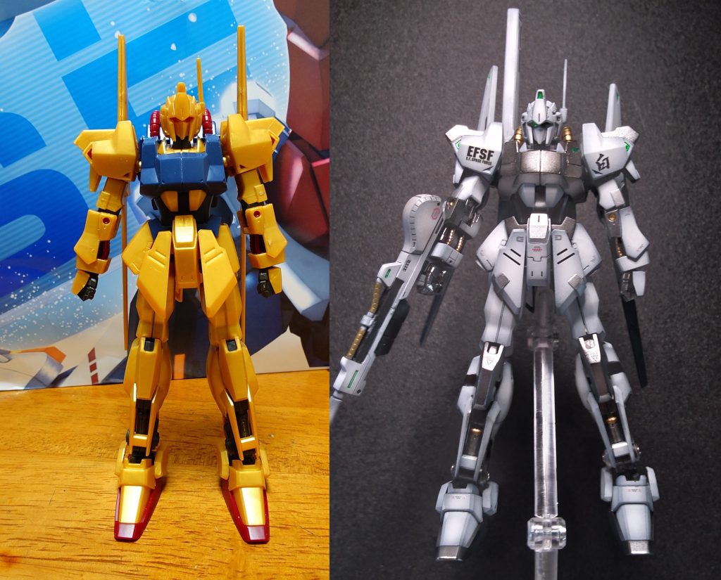 をまけの仮組み比較。仮組みの画像は友人からもらいました。その友人の百式と、今回作った僕の百式を交換するので、この白い百式くんとは今生の別れ。サラダバー。