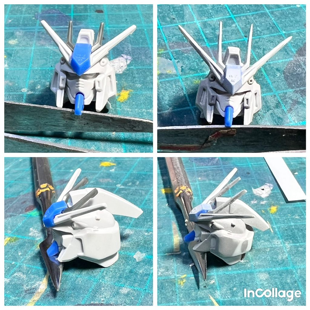 ここから加工編です。もとの顔は目のスリットの部分が広く魚のカワハギの様に間伸びしています。なのでそこを縦に詰めて目付きを引き締めました。アンテナは延長しエラも削りメットの側面はプラ板を貼り付けて丸みをもたせました。絶壁気味の後頭部もプラ板で盛り付けています。イメージは俳優の故斎藤洋介氏から要潤の端正な顔へのチェンジです❗️