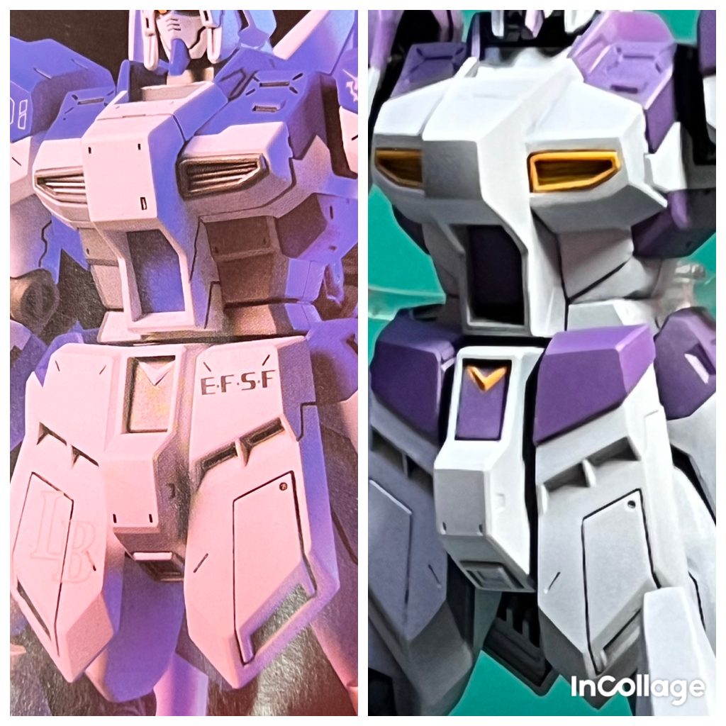 胴体もとのボディは薄い上に縦と横のラインが多くデザインがRX78まで先祖帰りしています(他のパーツが斜めのラインが多いので違和感を抱いてしまいます)。ここにはプラ板を貼り付け厚みを加えつつ斜めのラインへ変えていきました。スカート周りは上部にプラ板を貼り付けて、設定画に寄せて胴体が短く見える様に工夫しました。