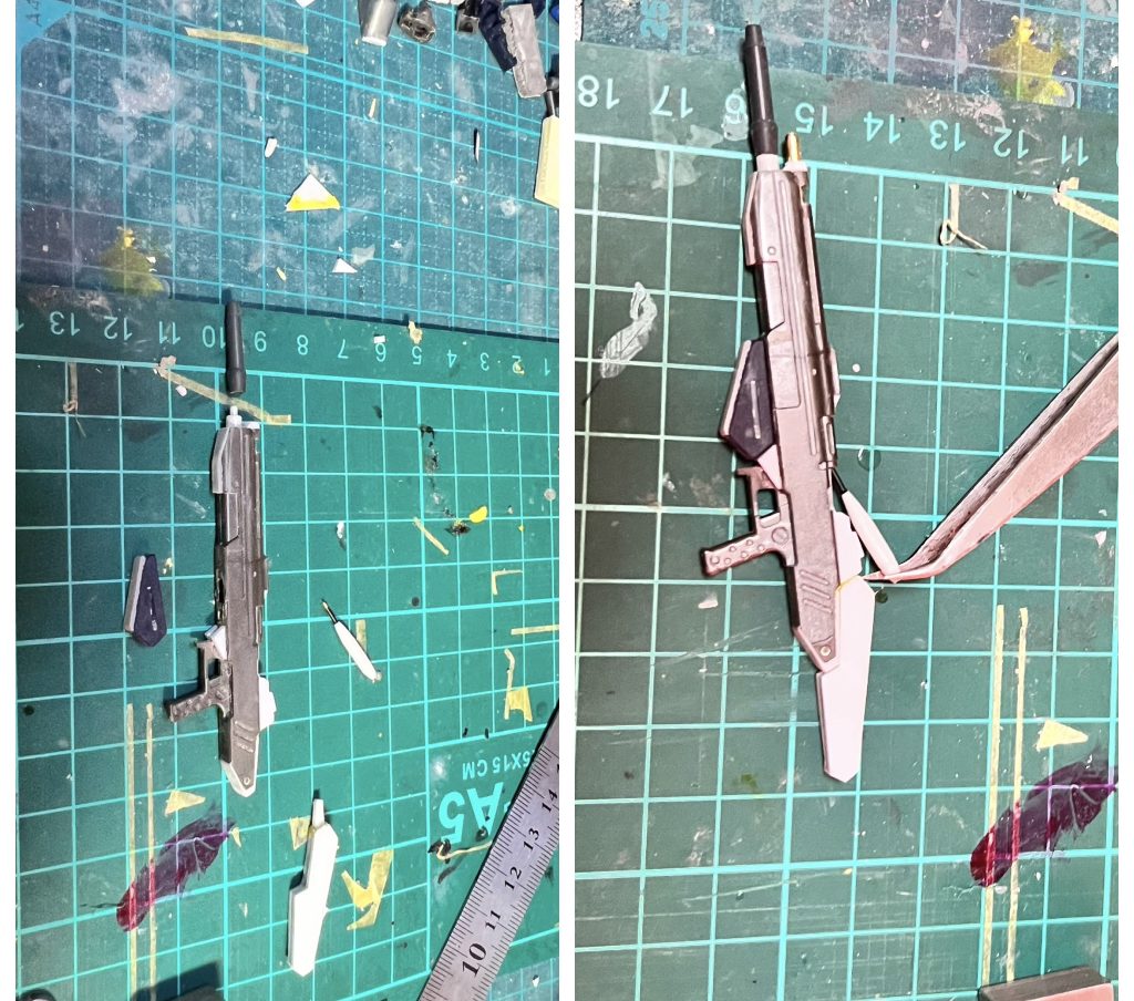 ライフルEパックをヘイズルのと交換して銃口にはZのサーベルを使いました。あとはプラ板と真鍮線で作った部品を加えて縦長なシルエットに変えました。