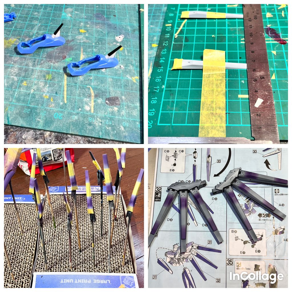 フィンファンネル旧設定画に描かれているファンネルラックの上の謎のアンテナ?を加えました。ファンネル本体にグラデーション塗装する為にマスキングしましたが裏表合わせて12面あり面倒でした😫