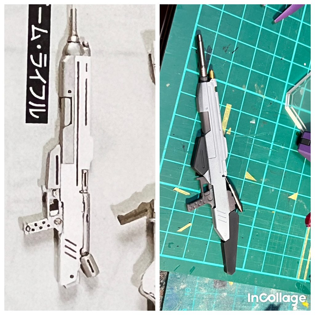 ビームライフル古いガレキやRGのHi-νはZの様な細長いライフルを装備していたので、こちらも似せて加工しました。