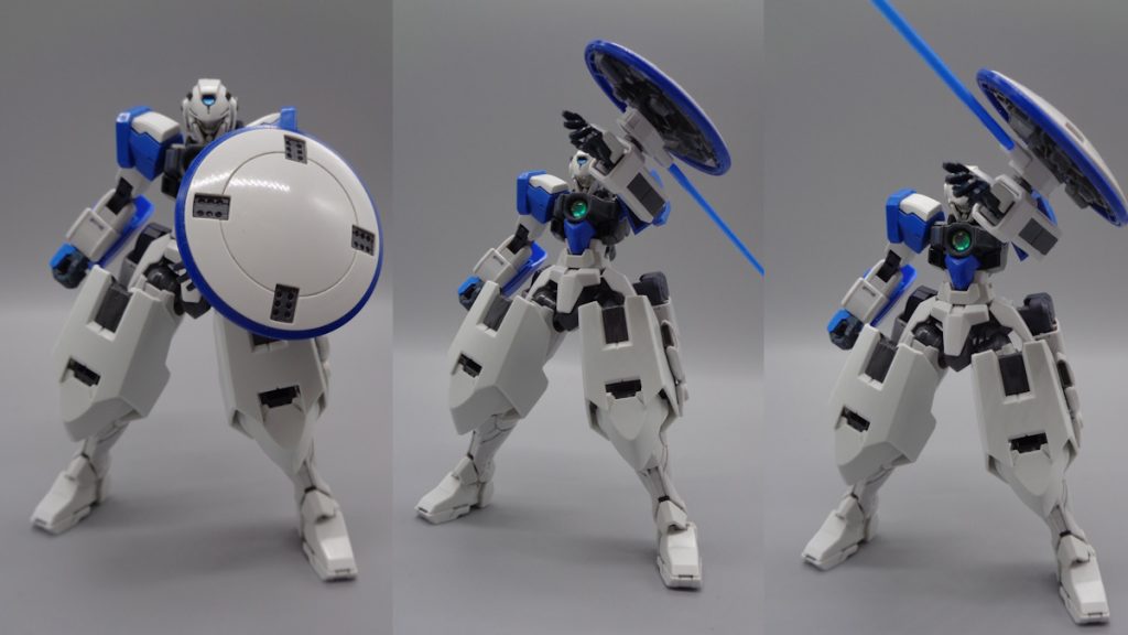 武装GNリフレクションシールド ガンダムアストレアTYPE-F2に搭載されていた機能を円形シールドに落とし込んだ装備。シールドの曲面に沿ってビームを弾くことが可能。縁はGNソードの応用でGN粒子を定着させており、打撃武器として使用可能。GNビームユニット GNリフレクションシールドのハードポイントを兼ねるビーム兵器。シールド裏からビームを発振することで意表を突いた攻撃を行う。
