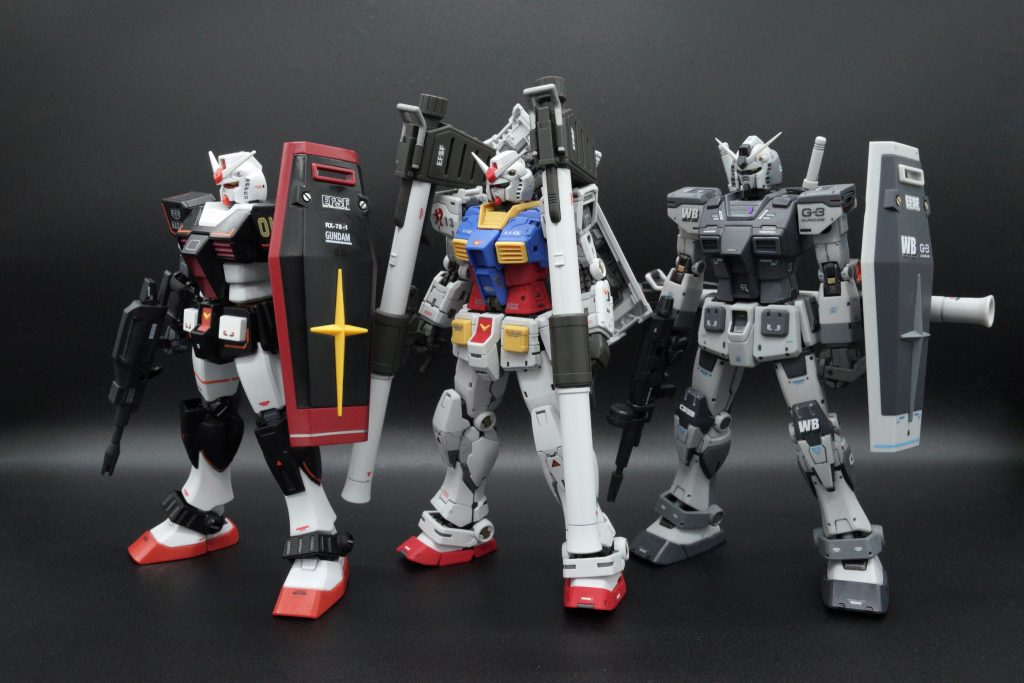 プロトタイプガンダムはEGで改造をし、２号機はRG2.0のまま、G３はHGオリジンで色を塗り替え