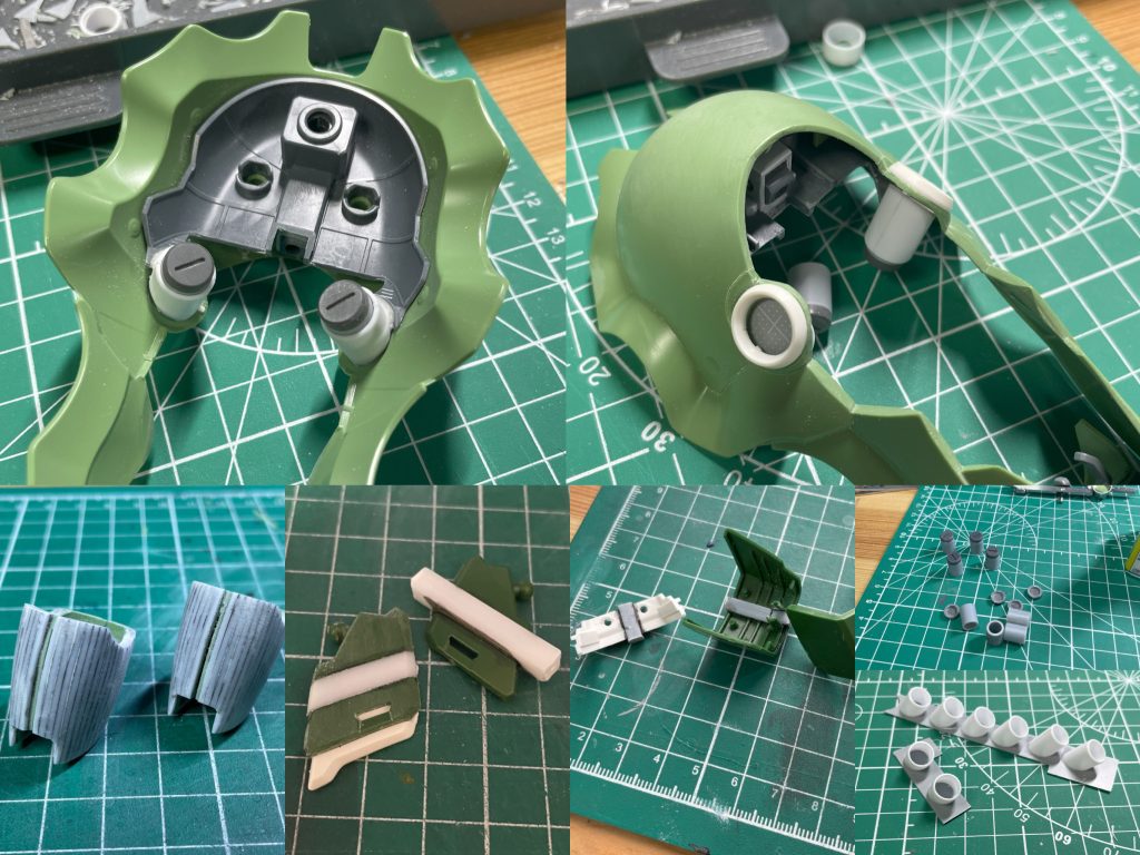 ファンネルコンテナの部分で表裏パーツ分割太ももをぐるっと1mmプラ棒で拡張フロント・リアスカート4mm延長