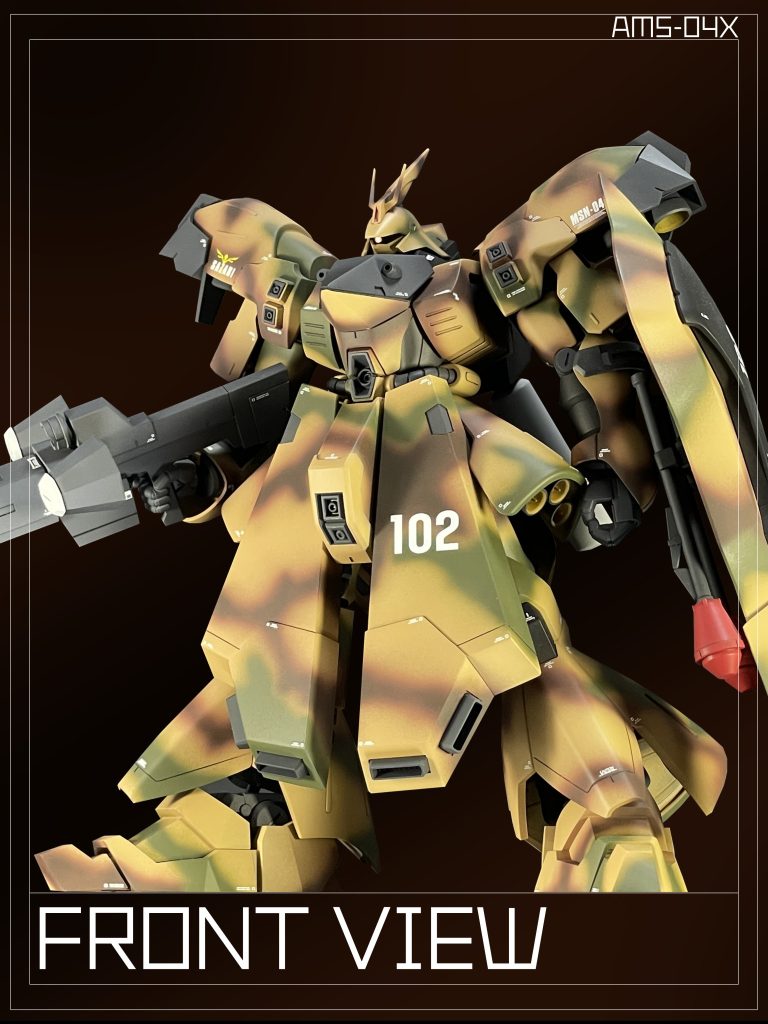 本機は「MSN-04 サザビー」を通常指揮官用として試験的に量産した「MSN-04B サザビー陸戦用重装型」の仕様策定を目的に開発されたLRIP(低率初期生産)型である。「MSN-04B」とされる機体は試験用を含め89機が生産されており、厳密には異なるが本機も「MSN-04B」である。This MS is an LRIP model developed for the purpose of formulating specifications for the “MSN-04B,” which was mass-produced on a trial basis as the “MSN-04” for regular commanders. Eighty-nine MSN-04B were produced, including those for testing purposes, and this MSN-04B is also an MSN-04B, although not strictly speaking.