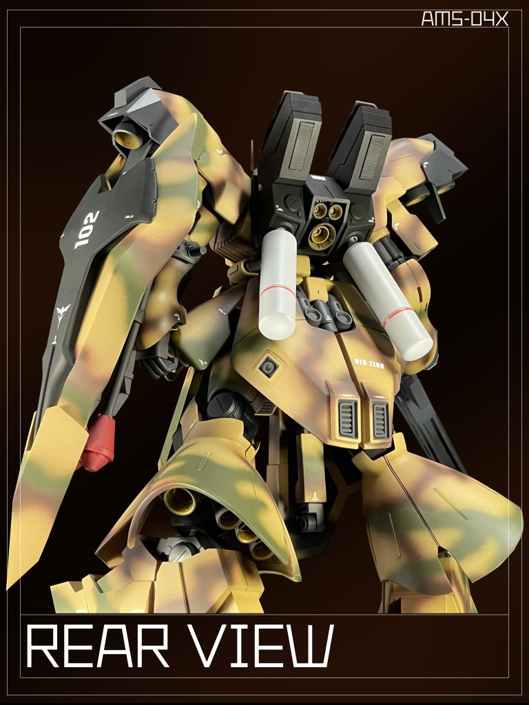 本機は「地球寒冷化作戦」の成功を前提に¨寒冷化後も残存するであろう地球連邦軍の地上戦力の掃討¨を想定した事で重力下仕様の機体として開発された。また、既に地上テストを完了していた「MSN-04X2 サザビー初期試験型(重力下仕様)」の環境運用データも反映されている。This MS was developed as a subgravity-specification MS based on the premise of the success of “Operation Cold Earth,” ¨a cleanup of the E.F.F. ground forces that would remain after the cold weather. In addition, environmental operational data from MSN-04X2, which had already completed ground testing, was also reflected in this MS.