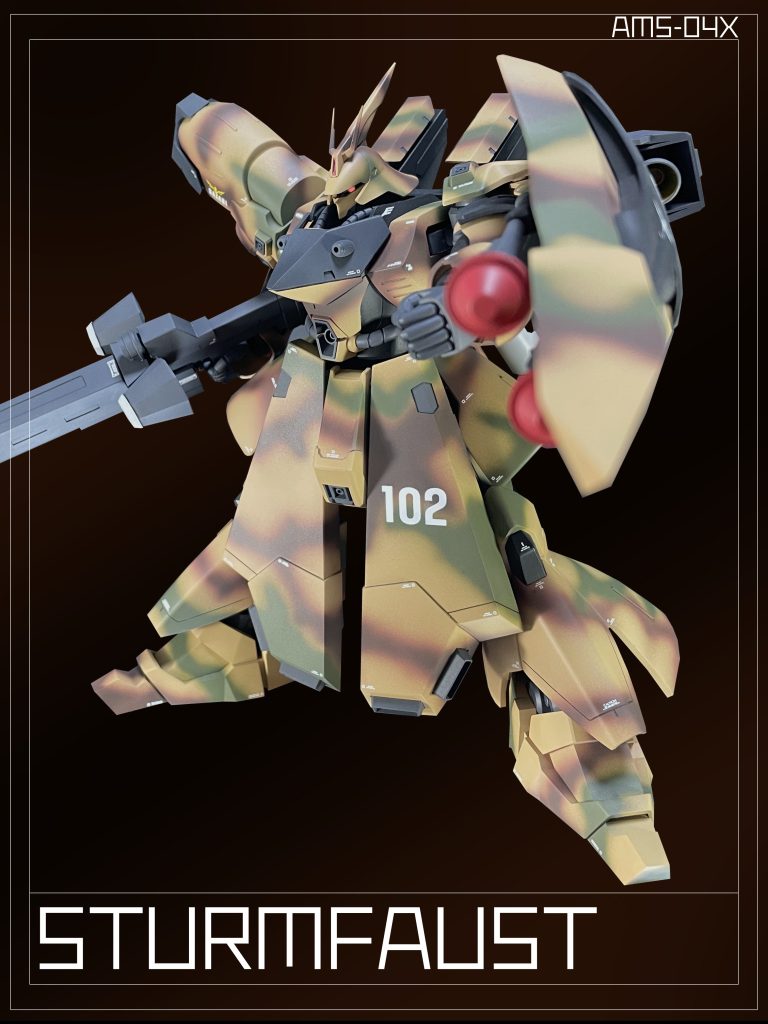 「シールド」は「MSN-04」と同型だが¨衝角¨を備えた先端部へ改修、シールド裏面に「シュツルム・ファウスト」を2基搭載する。後に「MSN-04B」は同型の「シュツルム・ファウスト」を使用して「RX-93 νガンダム」の前身たる「PX-00531」を撃破している。The “Shield” is the same type as the “MSN-04,” but its tip has been modified to ¨impulse angle¨. It is also equipped with two “Sturmfurst” instead of the conventional guided missile on the back side of the shield.