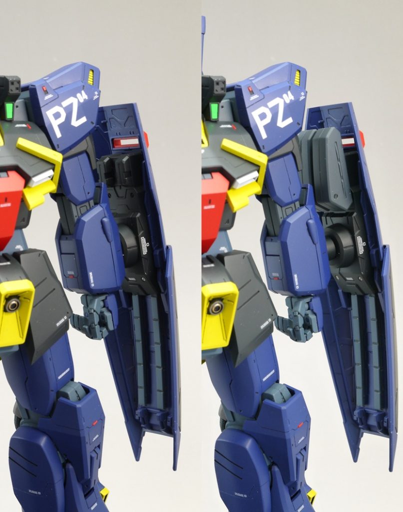 ●シールド・腕に直接取り付けるジョイントを新造 と言ってもプラ棒とプラパイプを組み合わせただけのものです。 長短2種類つくりました。短い方が腕に密着しますが、ライフルのEパックが付けられません。長い方はEパックは付きますが、腕から離れます。 私のオススメは短い方(左側)です。・キットのシールド接続パーツは、コの字型で大きいのでL字型にカット