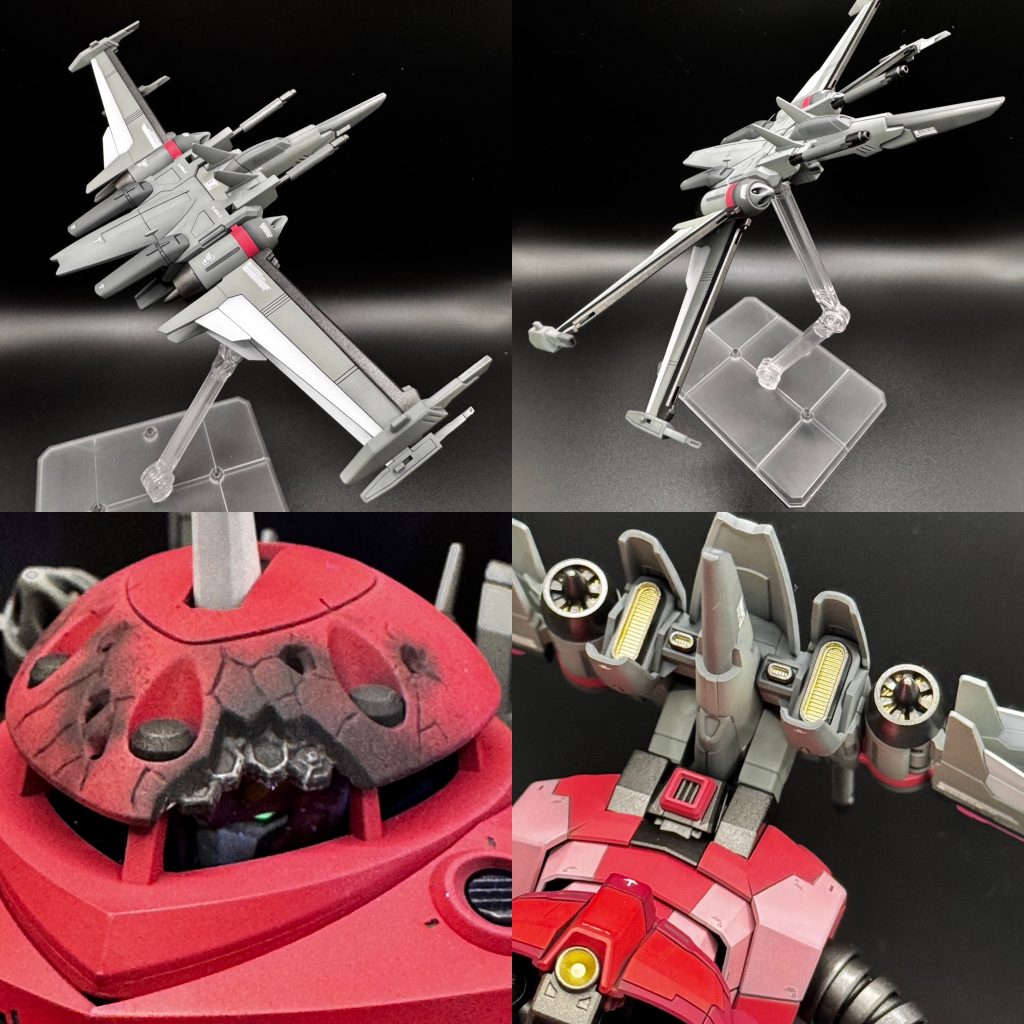 フォランテスもパーツのラインに沿って塗り分け。バーニアはズゴック、フォランテス共にゴールドで統一。見えないですが、中のジャスティスも多少塗り分けしました(ツインアイは蛍光グリーンで光るようにしました)。