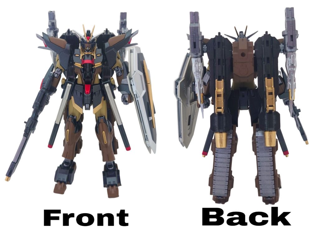 機体の正面と背面カラーリングはブラックとダークブランウンをベースに落ち着いた色合いにしてみました。なお、機体はライジングフリーダムをベースに30MMのアルト(陸戦仕様)を一部ミキシングしながら仕上げました!
