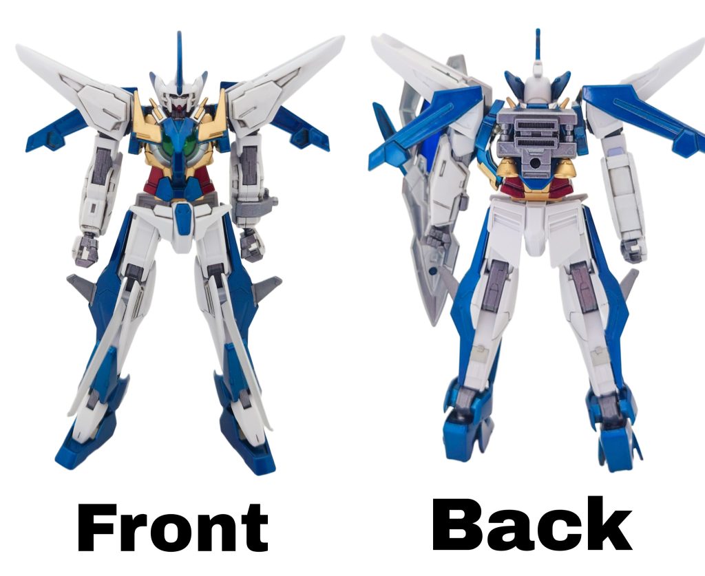 まずは通常形態時の機体。頭部はウイングガンダムゼロ炎、胴体はアメイジングエクシア、腕と足はキュリオスからのパーツをそれぞれ使用しております。ちなみに、頭部は一部改造してブレードアンテナを１本角にしております。