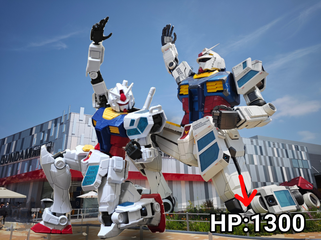 万博ガンダム「この謎の表示はなんなん?」あぁ、これはね販売価…いや「万博強度」と言って戦闘力みたいなもんだよ、昔懐かしのカードダスの下に書いてあったアレみたいなもんだね、単純に数字が強い方が勝ちみたいなヤツメーカー小…独自の計算方法によって導き出されたEGガンダム君の大まかな強さみたいなもんだと思って貰えれば間違いないよ。つまり君の戦闘力はラ〇ィッツ戦の時の魔貫光〇砲使ったピッ〇ロとほぼ同等って事だね。万博ガンダム「…」