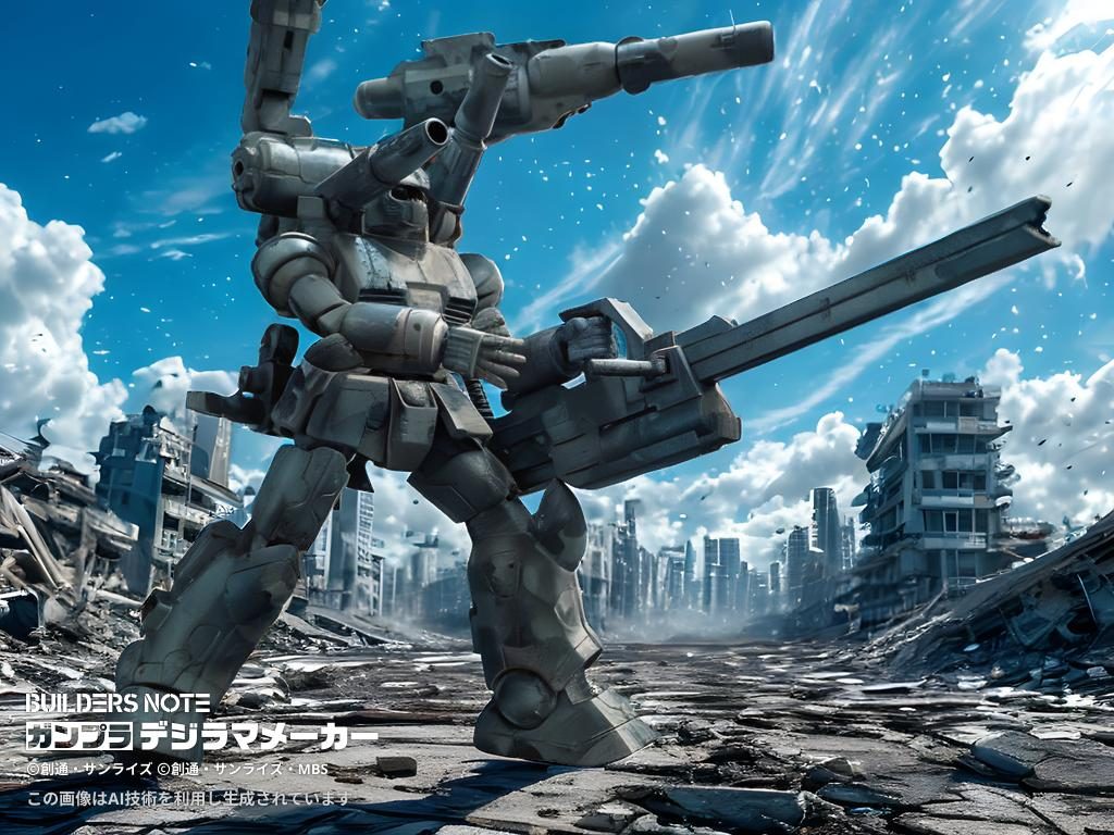 どうせなら重装備にしてみようと、30MMのカスタマイズウェポンからツインキャノン&バックパックと、オルフェンス用オプションパーツセットから大型レールガンを持ってきて市街地戦ではあり得ないような重装備ガンキャノンの出来上がり。(デジラマメーカーで作った画像に差し替え)