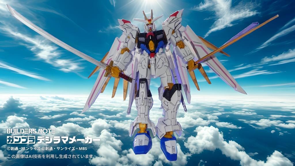 作品名：マイティーストライクフリーダムガンダム<p>　AIデジラマメーカーにて　 宇宙背景はイマイチ…星空とか月とか背景のオブジェクトが選べるようにして欲しいですね　大空背景だと、こんなに神々しいのに 　ちなみちGフレームFAのマイフリですよ</p>