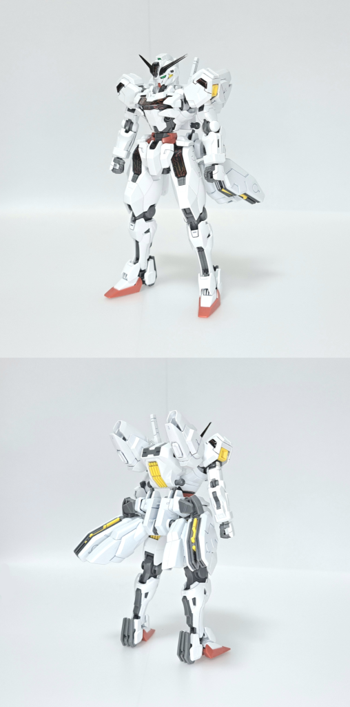 ガンダムExキャリバーン【イクスキャリバーン】(パーメットスコア・ファイブ)ガンダムキャリバーンに急遽、エアリアル改修型の装備を追加した姿。それと共にエリクト・サマヤが意識をエアリアルからキャリバーンに移したため、名称がエリクト【Ericht】を掛け合わせた【×】キャリバーンからE×キャリバーン(イクスキャリバーン)となった。スレッタは、宇宙議会連合のILTSを止めるべく家族と共に純白の機体を駆る。