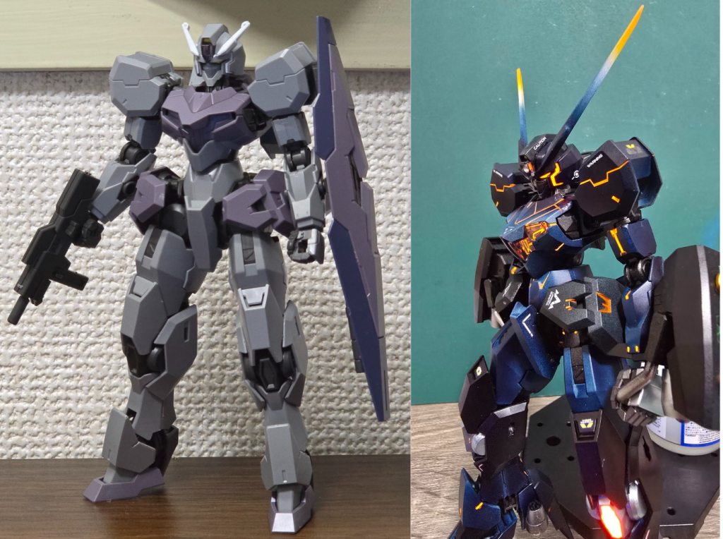 元のガンヴォルヴァと比較。本当はGP03を作ってたんですが、ガンヴォルヴァのイケメンぶりについ負け、気づいたらミキシングしてました…イジったのはアンテナと足回り、腰周りで殆どそのままです。本当に格好いいキットでした!
