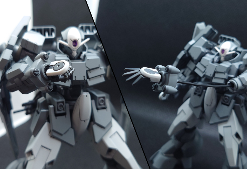 腕部スタンボルト。オーガ刃-Xの腕部を改良しGNビーム刃は電撃武装のボルトへと変更し、至近距離戦での敵機へスタン攻撃を仕掛ける。絶縁処置をしているため掌が自身の電撃でお釈迦になるというオチはない。更にオーガ刃-Xの腕部はワイヤー射出が可能になっており、ワイヤー切断による腕部使用不能というリスクはあるが…敵機を掴む事が出来れば海ヘビのごとく電撃を流すことも可能。