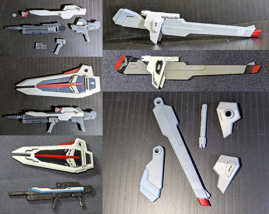 ライフルは少し長めの形状にシールドは1からジャンクで作るのを断念したのでRGのシールドのモールドを消して使用レールガンは折り畳み改造案がすぐには浮かばなかったのでほぼほぼそのまま使用