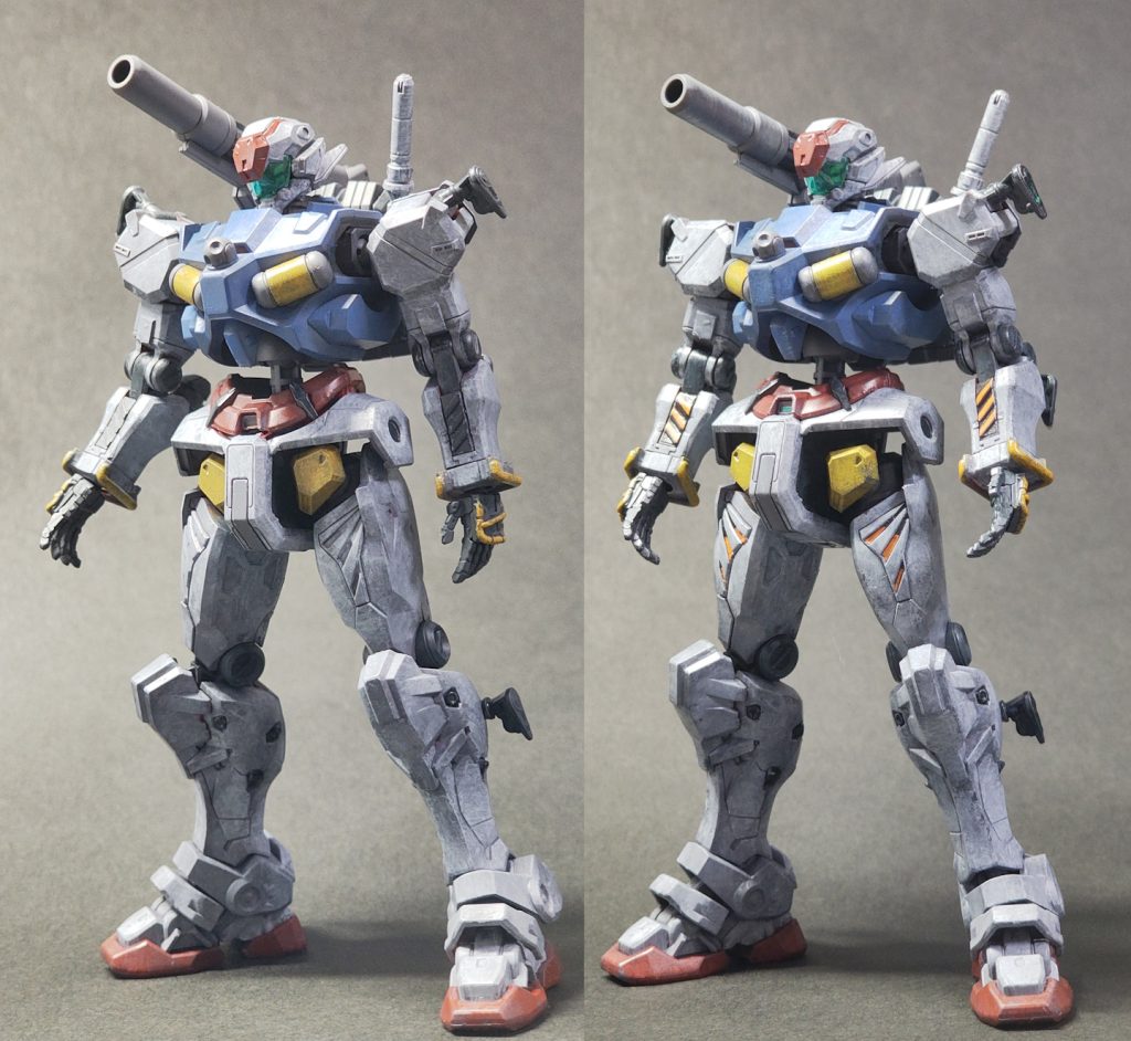 左が1色目終了(この後、白は部分的にもう1周した)、右が2色目終わってシールまで貼って半光沢トップコート吹く前です。お腹のパーツだけ入れると外れなくなりそうだったので入ってません。今回、あまり明度差のない二色目だったのでわかり辛いですね...白のディアクティブホワイトは、白の下地的にとてもいい感じでした。発色の具合と、塗料の伸びとか塗り易さ的にも良かったです。良かったので、2色目グランプリホワイトをあまり塗らなかったら、ウォッシングでだいぶ沈みました(暗くなった)。 