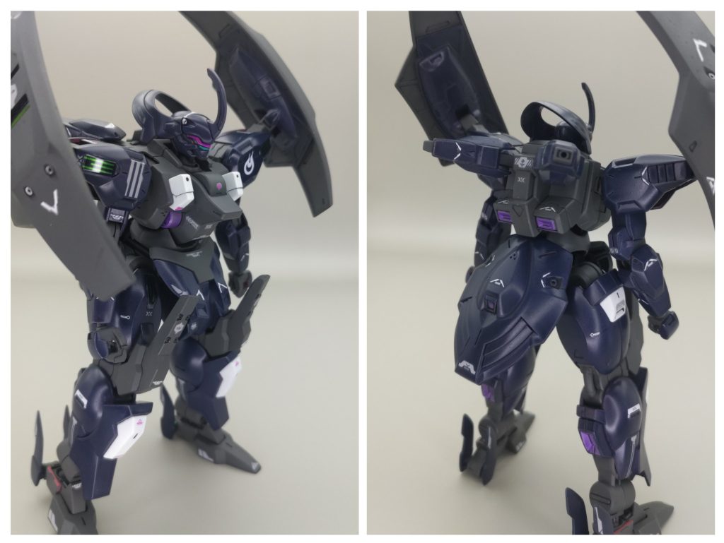 前面と後面を斜め方向から ジェターク社にて前CEOヴィム・ジェターク氏の追悼企画として、自社の現存機体を最後に搭乗していたディランザ・ソルのカラーに一時的に変更した、という妄想で塗り替えました。ただグレーグリーンがグレーに寄りすぎてしまった感が… 本当は終盤の装備でやりたかったのですが、プレバン競争で勝てませんでした。