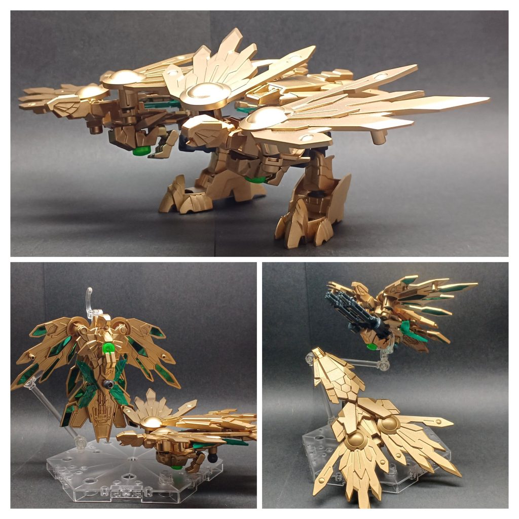 アームドアーマーDE(阿凰・吽凰)メタルガルーダの盾とアームドアーマーを組み合わせました。狛犬と同じように、阿・吽で片方クチバシ開いてます。盾・鳥とガトリング装備状態に変形できます。バックパック用マウントパーツで二羽合体した大型サポートメカにもできます。