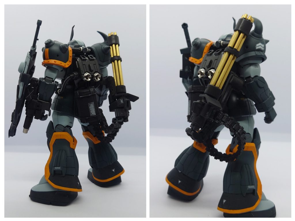 バーニアはローゼットワッシャー、動力パイプはスマホ充電メッシュケーブル、動力パイプ受け部分と3連装35mmガトリング砲の先端は金属スペーサーなどに置き換えてます。