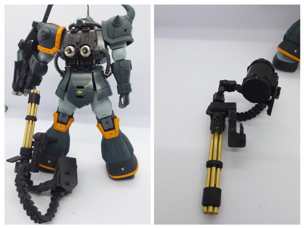 ガトリングユニットはリヤスカートの穴に差し込み固定( 差し込みだけでは弱いので裏に磁石入れてます)弾倉と給弾ベルトはM.S.Gのベルトリンクを使用砲身はwaveの3mm真鍮パイプに置き換え( 今回のウリかつお気に入り)ホンモノの砲身は黒いのが正しいのは分かってるけど、なんか真鍮の金属感が気に入ったのであえて未塗装