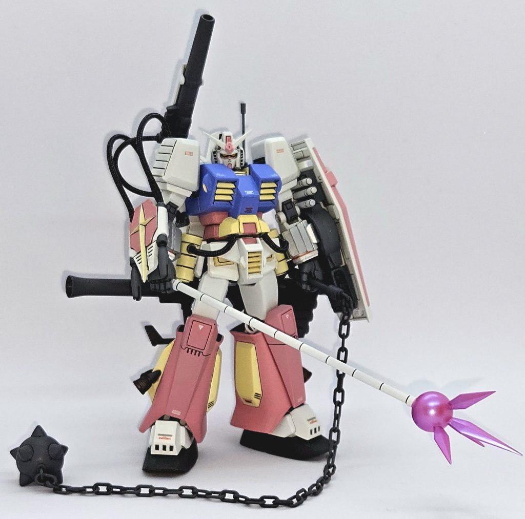 EGガンダムがフルウェポンセットだったので、それぞれの武器を持たせたよくばりセット。ハンマーのチェーンは他のパーツを使用し、ジャベリンは尖らせてます。