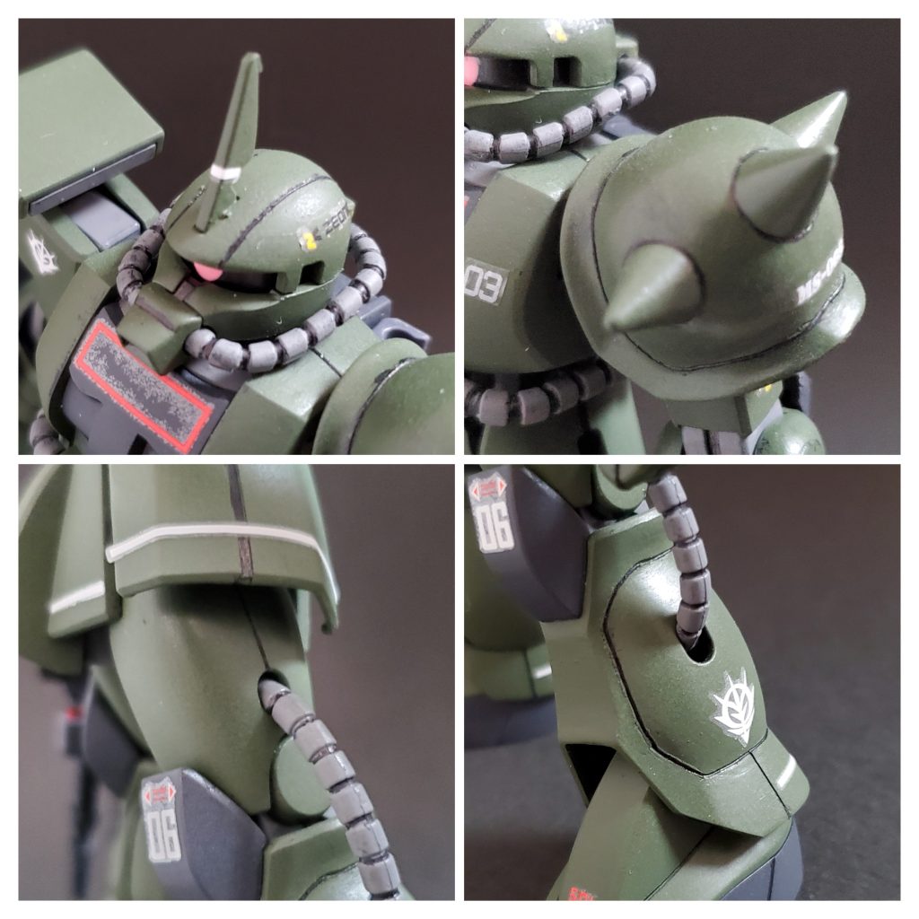 今回チャレンジしたスジ彫り～🤭✨頭部に２本線、太もも内側外側にもラインを加えました❗そして今回のスジ彫り最大の難関‼️湾曲面へのスジ彫りです👍️これまで何度かガイドテープを駆使して彫ろうとしましたが、上手く出来ず断念してました😢そこで今回はテープに頼らずフリーハンドでのスジ彫りを決行👊✨優しく少しずつ当てながら彫り、深くなってきたら強く彫りを入れる❗で、肩アーマーとふくらはぎアーマーの曲面へのスジ彫りを成功させました🤩これだけで今回の制作、満足しました～🤭✨