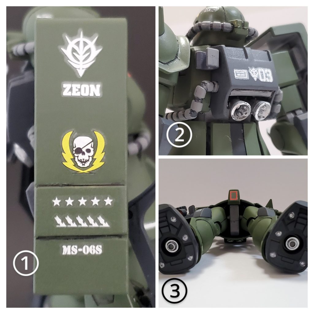 ここから今回の改修ポイント～🤩🎶①シールドの強度？を上げるためシールド下部にプラ板を増加❗②ザクは何機も作りましたが初となる可動式バーニアです😊ランドセルの下部を完全に切り開き、そこにボールジョイントを接続❗そしてピンバイスで穴を開けたバーニアパーツを取り付けました👍️③足裏中央のバーニアのディテールがいつも寂しいなぁ～🤔💦と思っていたので、今回はバーニア内側に追加でバーニアパーツを加えました🎵