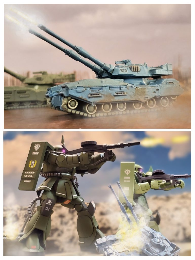 宇宙世紀0079年3月1日に始まった地球降下作戦❗オデッサ、北米大陸を次々に制圧したジオン公国は第３次降下作戦を展開。ヴィッシュ・ドナヒュー中尉指揮する第３機動中隊はオーストラリア大陸にて地球連邦軍地上部隊と激しい攻防を繰り広げた💥ヴィッシュ中尉らは連邦軍の主力となる61式戦車部隊と激突‼️火力は侮れない61式戦車であったが、MSの性能の前に次々に残骸と化していった👍️✨