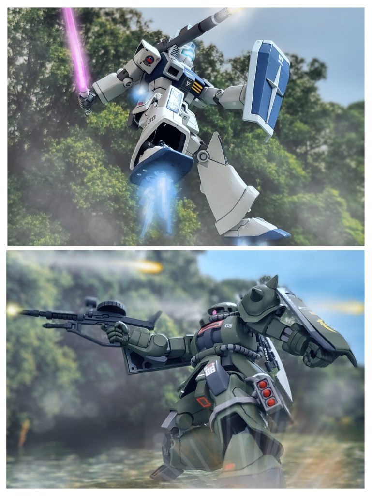 一瞬動きを止めたジムキャノンだったが、状況を理解したのか後ろに飛び退きながらキャノン砲を放つ💥そしてキャノンの砲撃を横にかわしつつマシンガンを連射するヴィッシュ中尉のザクII～👊✨互いの砲弾、弾丸が飛び交う中でヴィッシュ中尉は相手のジムキャノンは間合い取りに優れたパイロットであると分析する👀💡