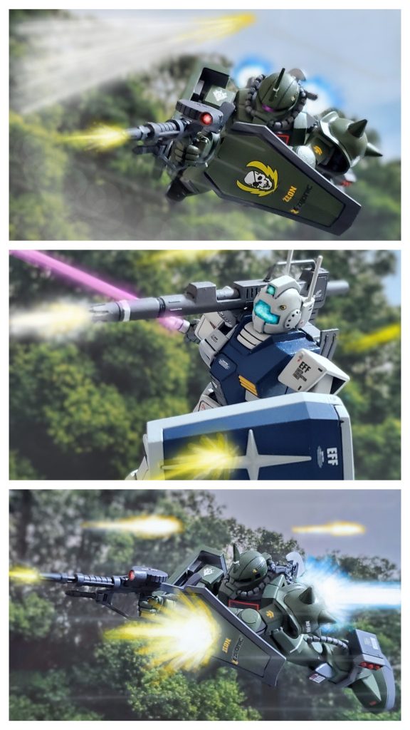 ジムキャノンの間合いで戦っていては埒があかないと察したヴィッシュ中尉は被弾覚悟で距離を詰め、懐に飛び込む事を選択する👊✨砲弾をギリギリで躱しながらバーニア出力を弱めず突進するザクII❗正確な射撃がヴィッシュ中尉を襲うが、対MS戦用試作シールドで砲撃を受け止めながらさらに突貫する💨