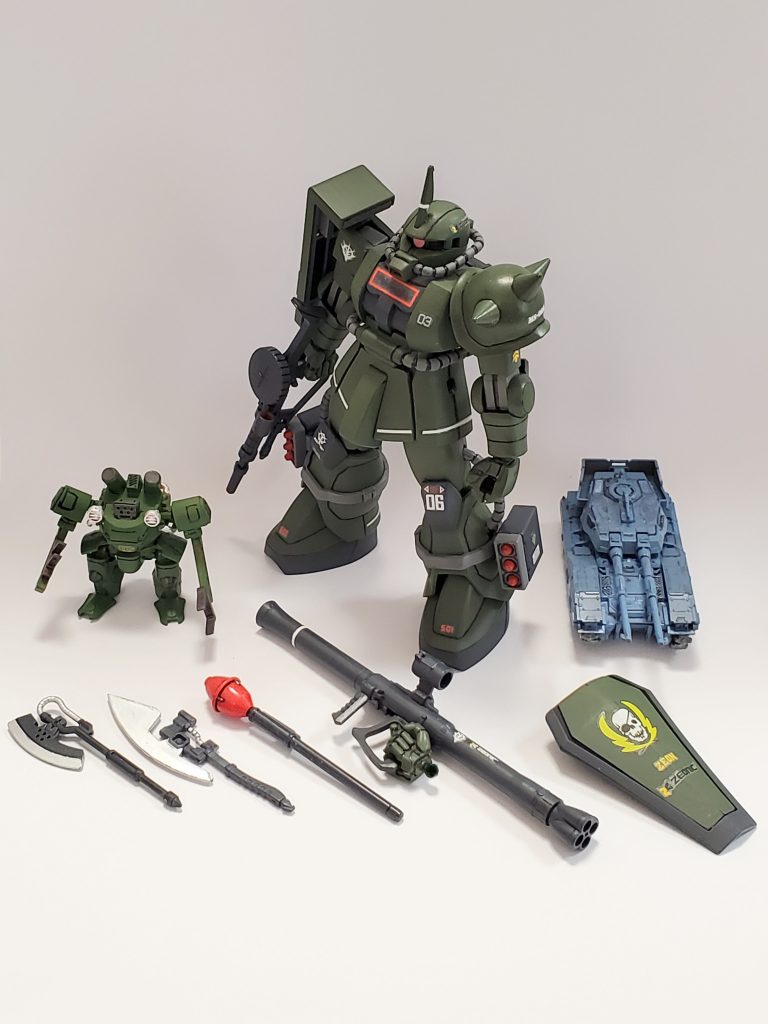 本日最後の１枚は61式戦車(×1)とドラケン(×1)が付属した今秋発売されるHGUC『荒野の迅雷セット』です(嘘です🤭)❗今回、妄想ストーリーの脇役に加えたくて塗装して制作しました😎✨今回も妄想ダダ漏れの長い投稿、お付き合い下さりありがとうございました😌☘️
