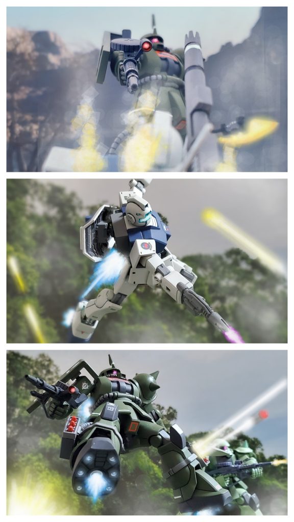 無数のマシンガン弾を喰らい、深刻なダメージを受けたジムキャノンはもはや立つことも出来ない❗ヴィッシュ中尉のザクIIはトドメを刺そうと銃口をジムキャノンに向ける🔫✨その時❗ジムキャノンを救おうと間に割って入る仲間のジム。大破したジムキャノンからザクIIを引き離そうと飛び込みながらビームスプレーガンを乱射する‼️仕留め損ねたものの、この連邦部隊の機能を麻痺させるには十分な手応え。ヴィッシュ中尉は部隊全員に戦闘エリアからの撤退を指示しつつ、後方へ飛び退き、撤収時用に温存していたミサイルポッドを乱射する💥こうしてヴィッシュ中尉指揮する第３機動中隊は再三に渡る連邦部隊の進行を食い止め、連邦軍のダーウィン基地進行を一時断念させたのであった。また、この峡谷森林地帯での戦闘で鬼神の如き強さをみせた💀付きMSは、連邦兵士から『荒野の迅雷』と恐れられるようになったのである😔✨