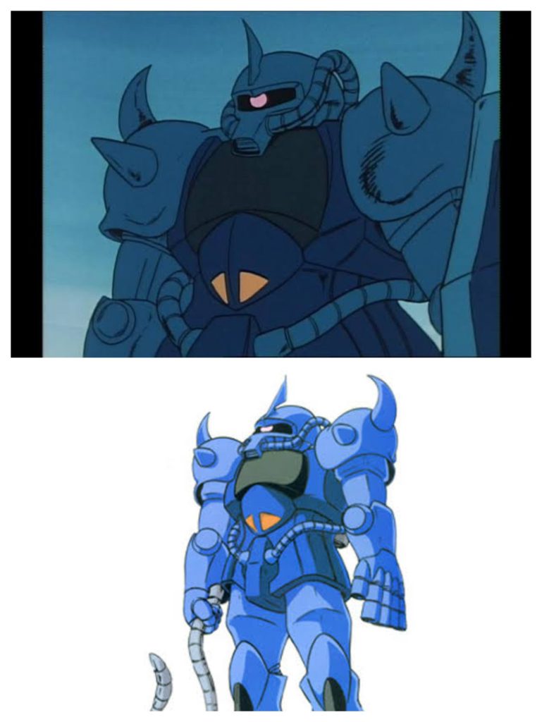 カラーリングは設定画やプラモの塗装指示より、アニメに出てきた色合いをイメージしました(画像上)。明るい青の部分はMSブルーにグレーを混ぜ、鈍い空色っぽく。グフに限った話ではないですが、塗装までするとホントに個性が出ますね。同じグフでも、同じものは一つとして無し…ガンプラは楽しい!