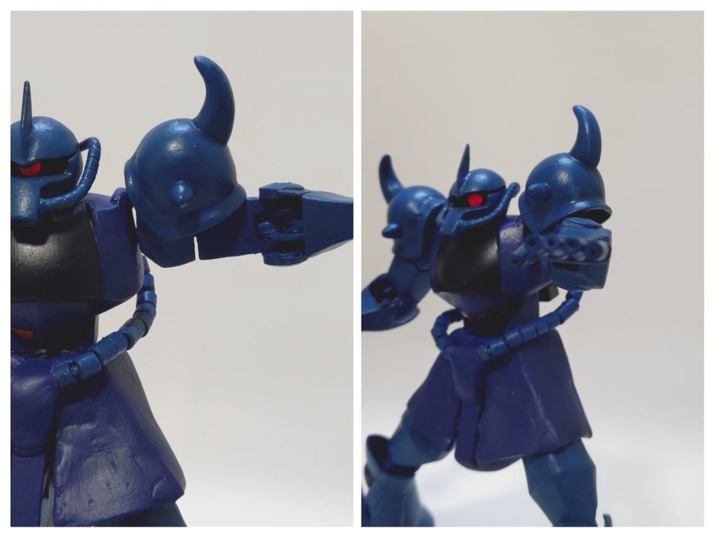 特筆事項その1、肩アーマーの接続方式変更。従来ですと腕側に取り付けるところですが、胴体側にスプリング接続する方式に変更しました。これにより腕を動かす際に肩アーマーのポジションが保たれて見栄えが良くなりました!そのかわり、腕を振り上げる動作は苦手になりましたが…これを導入した理由は、MSは元々鎧武者や西洋甲冑をモチーフにしているという原点に立ち返ってみたことと、こちらの動画に感銘を受けたためです。メカ部チャンネルさん、毎回マニアックな話題を提供してくださるので大好きです 笑