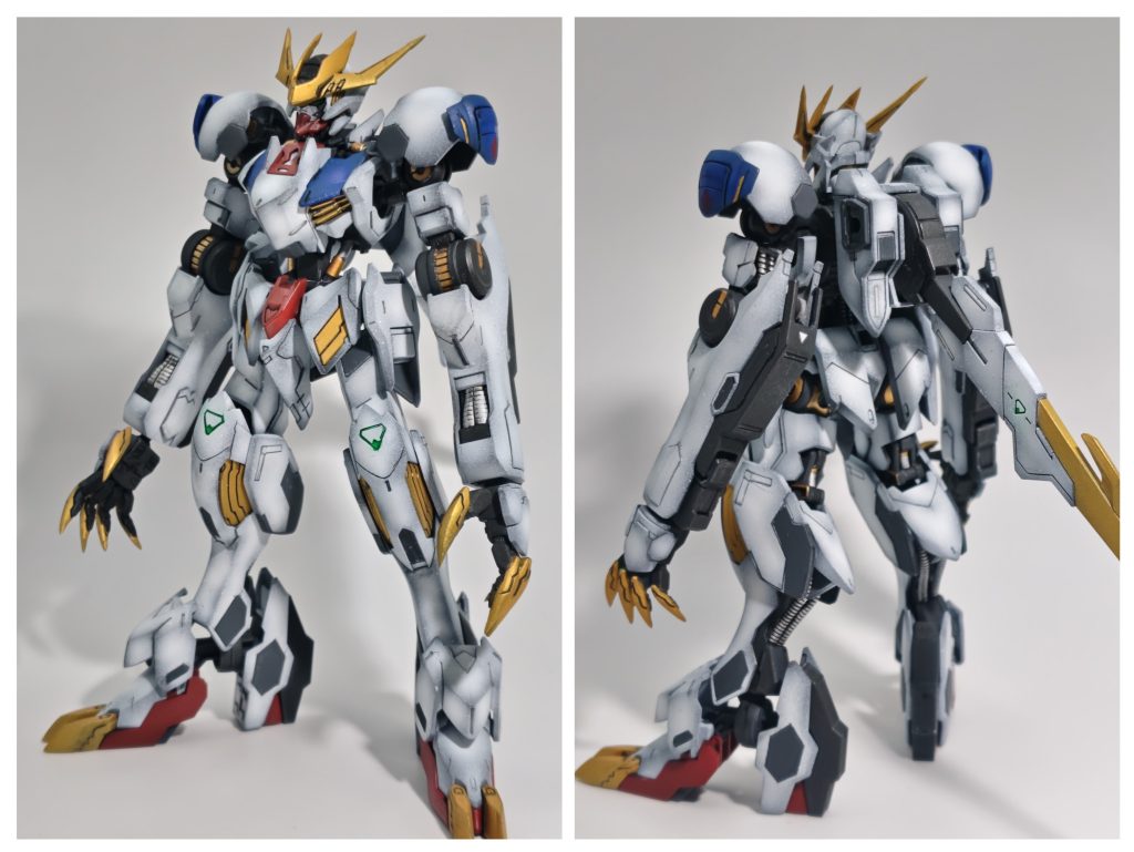 前後を斜めから。 前回マグアナックで覚えた黒立ち上げをもう一度やってみたくなり、積みの中で最も似合いそうなバルバトスルプスレクスを選択しました。アンテナやレクスネイル、爪先を延長し尖らせる処理をした後、彫り直しマスキングという流れで製作していたら、ネイルのマスキングが面倒になり、ついゲームに逃げて約１ヶ月放置されました。