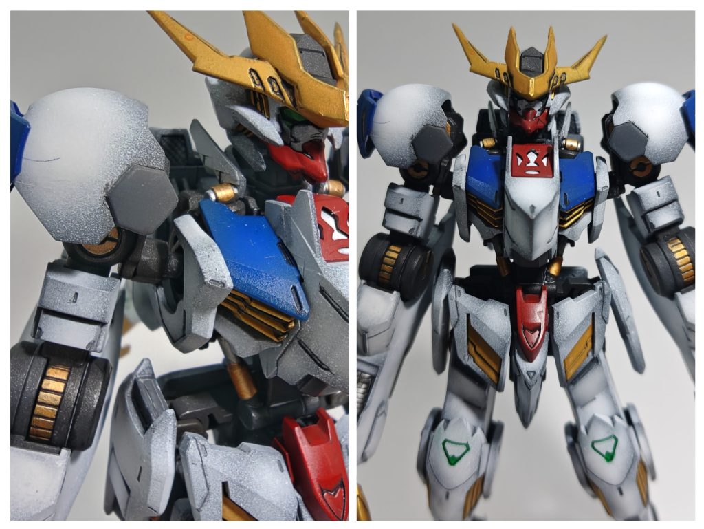 やらかした後の改修。 毎回忘れてやってしまう事が多いのですが、ボールジョイントをマスキングせず塗装しています。これまでは受け側がポリキャップのため硬いけど入る、動かせると何とかなっていたのですが、ルプスレクスは受け側もプラ。結果、完成して数時間後に両腕が折れモゲました。 部品注文も売り切れだったので修復を決意、ついでなので素組みの時に思った肩の窮屈感を弄ってみようと思い、ボールジョイントと腕の間にスペーサー的なパーツをプラ板で製作してみました。割と満足です。