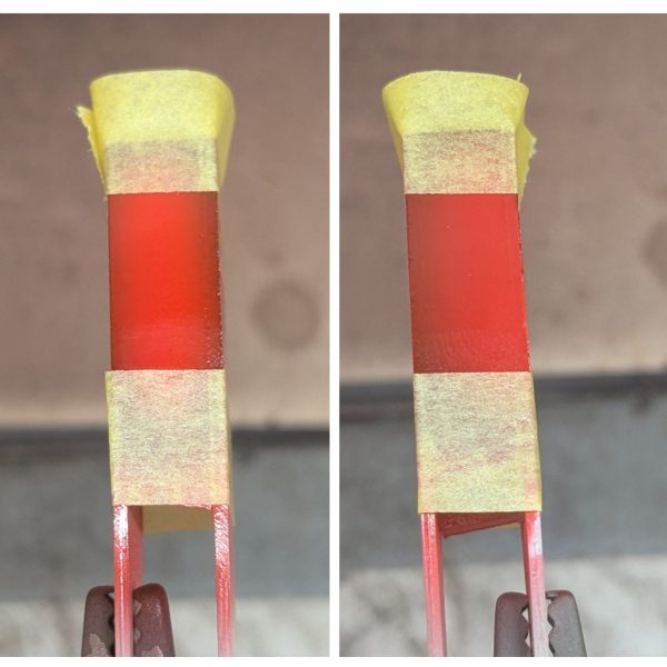 スプーンのようなカーブのあるパーツではなく、直線的なパーツでテスト💡左:クリアルージュ4層右:クリアルージュ5層画面で見てもそこそこコントラストが付いていて、赤の鮮やかさも表現できている✨3層目以降は色の変化も穏やかなので、誤差の修正もなんとかなるんじゃないかな😅こればっかりはやってみないと分からないけど、、 ちなみにハーマンレッドの場合、隠蔽力が強すぎて3層ぐらいでコントラストが消えてしまう😅ほんのりグラデーションなら良いかもだけど、せっかく初めてやるんだからクドすぎない程度にグラデーションは見せたいところ😁写真2枚目は、上半分にさらにハーマンレッドを重ねがけしたもの。想像通り、グラデーションは潰れてコントラストが薄くなる💡色味も若干マゼンタ寄りにシフトするような…もうちょっとだけ鮮やかさは表現できないものか😅 毎日こんなことばっかりやって、赤の表現に悩んでいるんだけど…それだけ今回のナイチンゲールは慎重に挑む必要があるんだよ💨💨（1枚目）