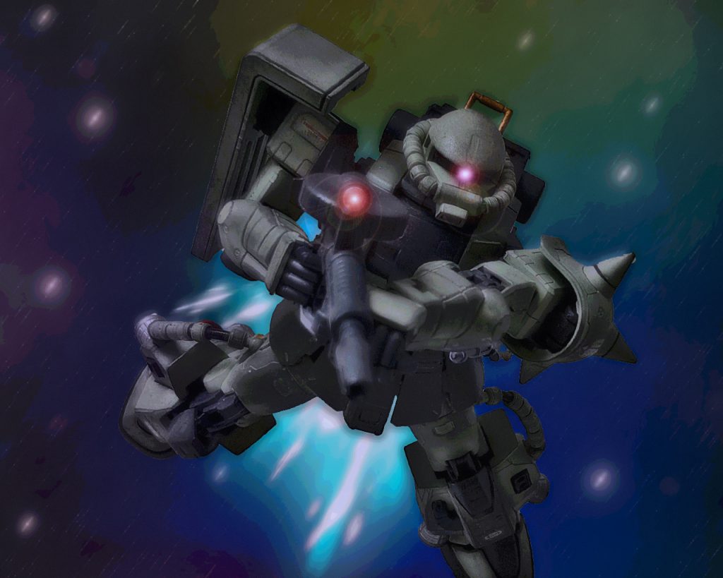 「まだ始まってないか？」アーロン少尉は先行するトライバル隊の後方に位置すると120mmマシンガンを構えた。親衛隊に配備されている高機動型ザクIIは背部・脚部以外は従来のザクIIとほぼ同じ形状だが、フレームやジェネレーターなどの内部構造は大幅な設計変更が加えられており、事実上別のMSと言える。高性能化に伴い姿勢制御の難しさや最大稼働時間の減少により、次期主力量産化には至らなかったが、一部のエースパイロットの愛機になっている。「連邦軍は何機で来たんだ…？」アーロンは連邦軍、トライバル隊、両方に注視しなければならない事から積極的な戦闘は控える事にした。すると早くも前線で動きが出る。