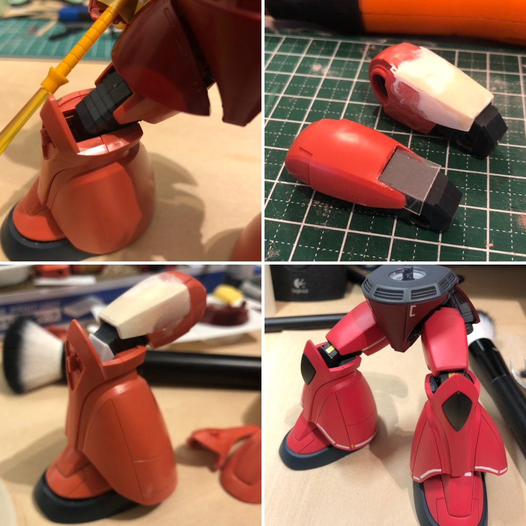 キットとしてはヒザ関節が2軸で可動域は良好なのですが、少し曲げただけでインナーパーツが露出してしまい、どうにも踏ん張り感が削がれる気が。ということで、フトモモの前面をできる限り伸長してみようかと。