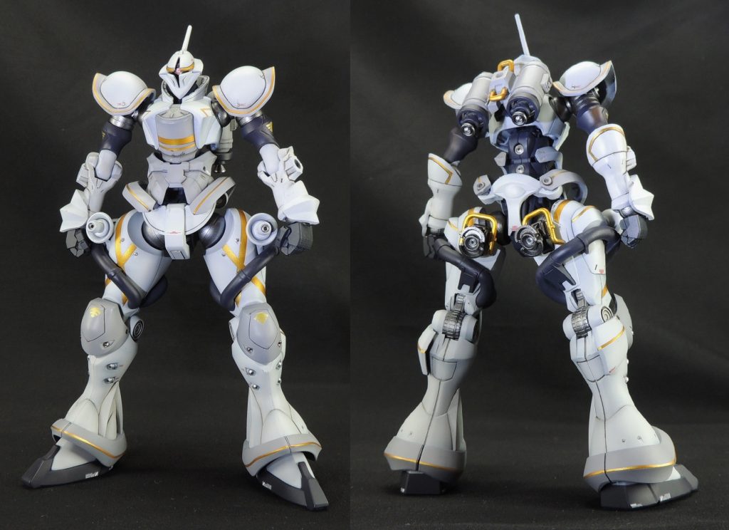 モノアイは、ハイキューパーツ製のSPプレート1.5mmとウェーブ製のH・アイズで立体的に処理しました。機体の各所にハイキューパーツ製の金属パイプ、リベット、スチールボール等を配置し、ディティールを追加しています。