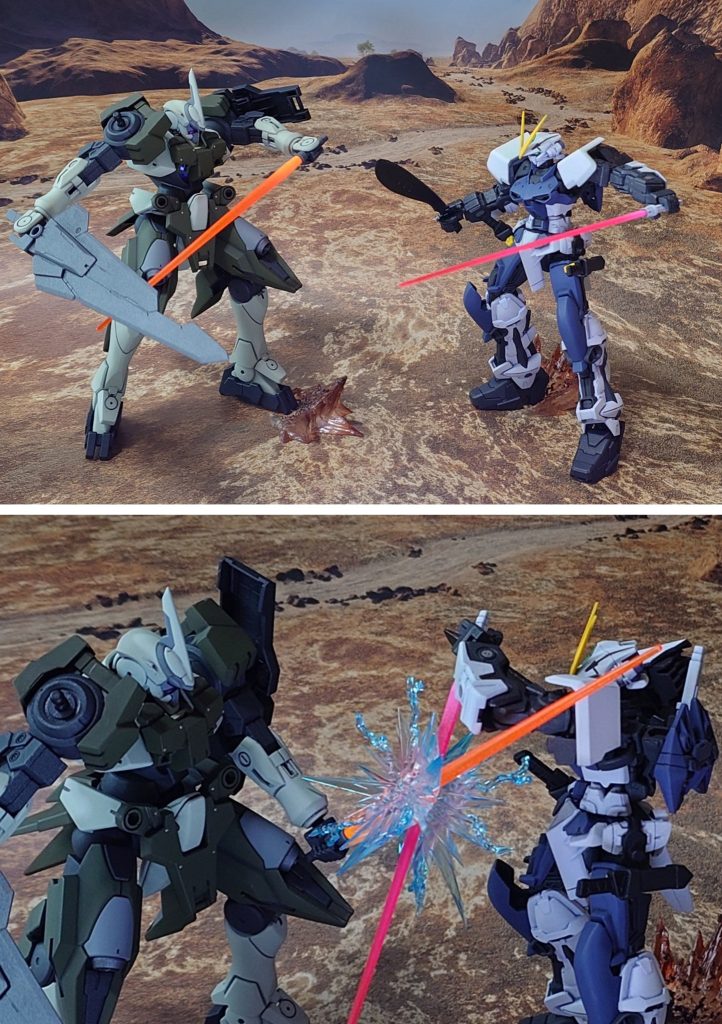 “ラムダアストレイガンダム”とのバトル、ストライカー装備を外して近接主体に調整。