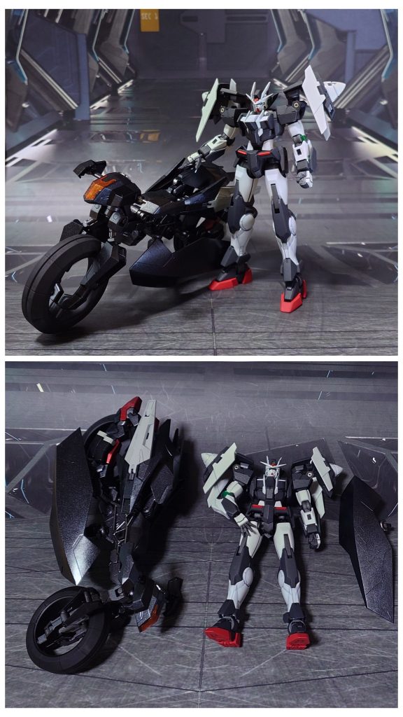 ダブルオーウィルバーとダイバーナインのサイズ比較。■塗装レシピ・ダブルオーウィルバー白:パーツ裏側に黒サフ→パーツ表側にグレーサフ→ロイヤルライトグレイ→キャラクターホワイト→光沢→つや消し濃グレー:黒サフ→MSグレー連邦系→つや消し赤:グレーサフ→MSレッド→つや消し関節等グレー:黒サフ→ブライトガンメタル→つや消しポリキャップ:PPプライマー→ブライトガンメタル→つや消しGNビームサーベルグリップ:ロイヤルライトグレイ→キャラクターホワイト→光沢→つや消しGNビームソードグリップ:黒サフビームサーベル刃:先端側メタリックレッド→根本にベースホワイト→全体に蛍光ピンクツインアイ:キット付属シールを使用クリアパーツ緑:メタリックグリーン→光沢クリアパーツ赤:メタリックレッド→光沢前腕GNコンデンサ裏:市販のシール素材を使用光の翼エフェクト:根元側にベースホワイト→先端側にメタリックパープル→全体にガンダムマーカー・トランザムホロレッド→光沢その他部分塗装、墨入れ:ガンダムマーカー各種・ダイバーナイン白:パーツ裏側に黒サフ→パーツ表側にグレーサフ→ロイヤルライトグレイ→光沢黒:黒サフ→メタリックブラック→光沢赤:黒サフ→シャインシルバー→メタリックレッド→光沢金:黒サフ→ゴールド→光沢銀:黒サフ→シャインシルバー→光沢フレーム部グレー:黒サフ→ガンメタル→光沢タイヤ・ジョイントパーツ黒:黒サフクリアパーツ:メタリックオレンジ→光沢その他部分塗装、墨入れ:ガンダムマーカー各種